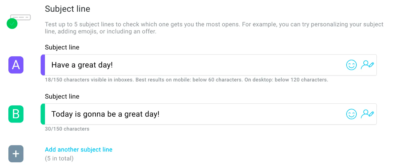 A/B testing setup interface showing two email campaign versions for growth marketing optimization with split audience targeting and performance comparison